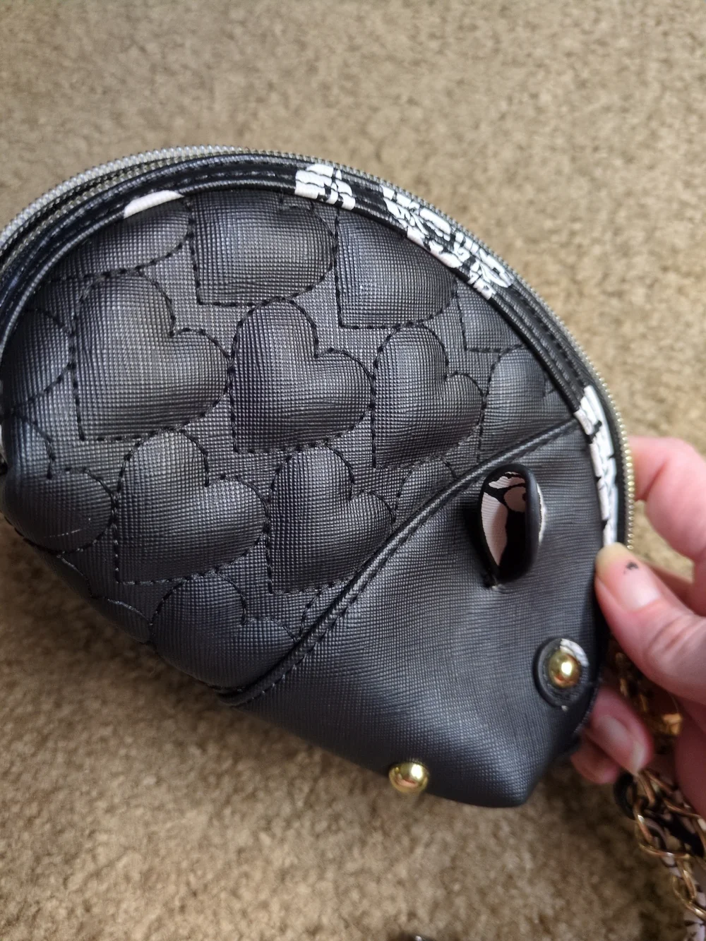 Betsey Johnson Black Quilted Heart Wristlet with Gold Chain Strap